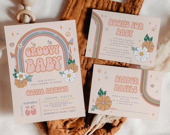 Groovy Retro Baby Shower Template, Hippie Rainbow 70s Vibe Baby Shower Suite Printable, Editable Template, 186