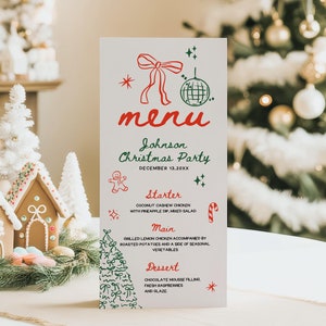 Szablon menu kolacji wigilijnej, karta menu imprezy świątecznej Friendsmas, menu potraw świątecznych, natychmiastowe pobieranie fantazyjnych rysunków ręcznych
