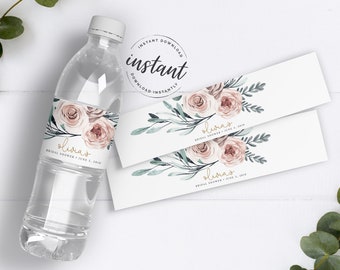 Boho Rose Water Bottle Labels, Bridal Shower Water Bottle Labels, Floral Bridal Shower, Custom Water Bottle Label, INSTANT DOWNLOAD, WB-50