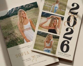 May include: Two graduation announcements with photos of a woman in a white dress and casual outfits. The cards are cream-colored with the year "2026" in large black letters and the name "Sofia Miller". The text reads "Please join us for a graduation honor".