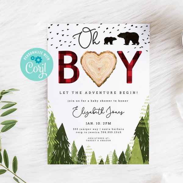 Editable Lumberjack Baby Shower Invitation Baby Boy Buffalo Plaid Rustic Bear Cub Instant Download Printable Template Digital 115