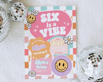 Editable SIX is a Vibe Checkered Smile Face Birthday invite, Groovy Retro birthday emoji invitation Tween Birthday Any Age Girl Birthday 67