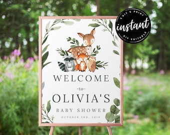 Woodland Baby Shower Welcome Sign, Welcome sign, baby shower sign, Woodland Animals Baby Shower, Greenery baby shower, Printable sign, 70