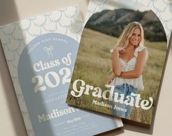 Blue Bow Graduation Invitation, Boho Grad Announcement Template (Instant Download)