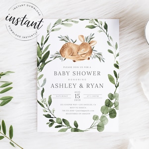 Baby Shower Invite, Woodland Baby Shower Invitation, Deer Baby Shower Invitation, Boy Baby Shower, baby shower, greenery, template, AI-59