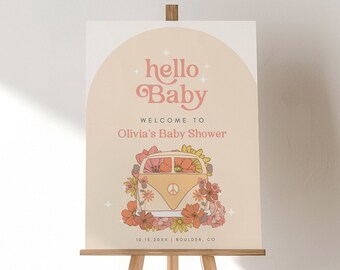 Groovy Baby Shower Welcome Sign, Girl Baby Shower Welcome, Boho Baby Shower Hippie Vibe Instant Download Welcome Template