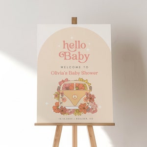 Groovy Baby Shower Willkommensschild, Mädchen-Babyparty Willkommen, Boho-Babyparty Hippie Vibe Sofort Download Willkommen Vorlage