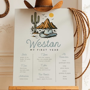 May include: A personalized 'My First Year' sign on an easel, featuring a cowboy hat and a horseshoe. The sign has a desert landscape illustration and the name 'Weston'. The sign includes stats, favorites, and other details.