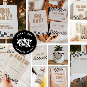Sjabloon uitnodiging babyshower geruite jongen, bewerkbare babyshowerset, Oh Boy babyshoweruitnodiging afdrukbaar, Evite DIY