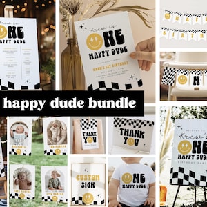 One Happy Dude Birthday Boy First Birthday Invitation Smile Face Retro Birthday Editable Digital Template INSTANT DOWNLOAD Black and Yellow