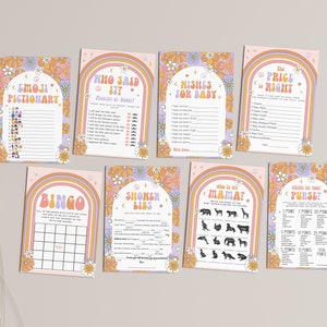 Groovy Retro Baby Shower Games, Baby Shower Game Bundle,  Hippie Rainbow 70s Vibe Baby Shower Suite Printable, Instant Download 186