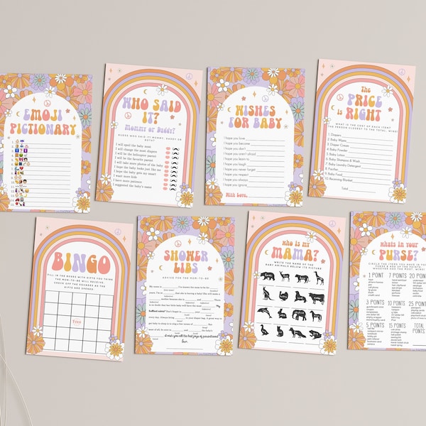 Groovy Retro Baby Shower Games, Baby Shower Game Bundle,  Hippie Rainbow 70s Vibe Baby Shower Suite Printable, Instant Download 186