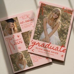 Pink Graduation Invitation Template, Trendy Script Graduate Photo Card, Class of 2026 Senior Girl Grad Party Invite, Editable Canva