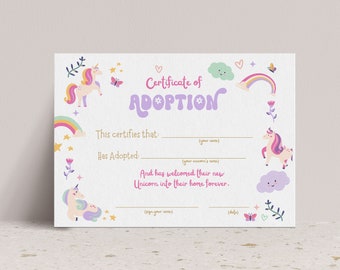 Editable Unicorn Birthday Adoption Certificate Magical Party Girl Pink Pastel First Digital Unicorn Party Template Rainbow Canva Download