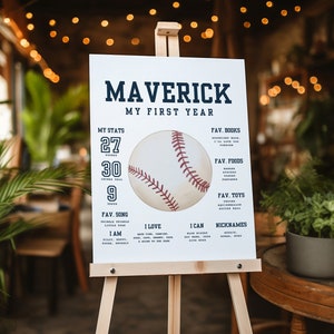 Plantilla de letrero con estadísticas de cumpleaños para fiesta de béisbol, plantilla moderna para fiesta de cumpleaños de niño de béisbol de cualquier edad, plantilla digital editable de Canva, estilo bohemio