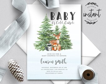 Winter Baby Shower invitation, Winter Woodland Baby Shower Invitation, Woodland Animals, Boy Baby Shower, baby shower, template, 74