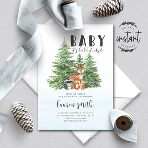 Winter Baby Shower invitation, Winter Woodland Baby Shower Invitation, Woodland Animals, Boy Baby Shower, baby shower, template, 74