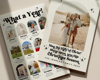 Op de afbeelding: Twee gepersonaliseerde fotoprints. Eén heeft een familiefoto met de tekst: "Moge het licht van Christus op u schijnen in dit kerstseizoen." De andere zegt "Wat een jaar!" met maandelijkse foto's.