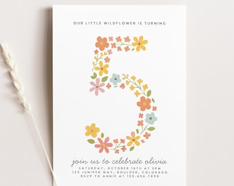 Wildflower Birthday Invite, Wildflower Girl Fifth Birthday Invitation, Minimalist Floral Number 5 Birthday Invite Canva Template Evite, 271
