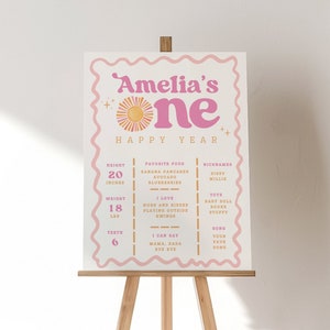 Bearbeitbares Boho Sun erster Geburtstag Statistikposter, Sunshine Meilenstein Poster, ein glückliches Mädchen Retro 1st Geburtstag Sofortdownload, Canva Vorlage