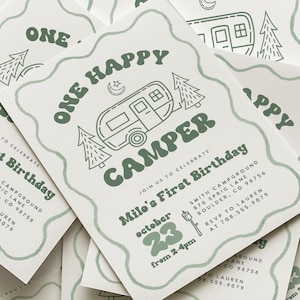 One Happy Camper Birthday Invite Template, Boy First Birthday Happy Camper Invitation, Editable 1st Birthday Invite, Camping Birthday 248