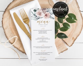 Boho Rose Menu Template, Wedding Menu, Bridal Shower Menu, Gold Floral Menu Template, Menu Template, Editable Template, INSTANT DOWNLOAD, 50