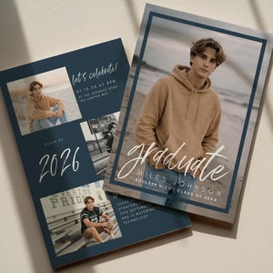 May include: Two navy blue graduation announcements. One features a photo of a person in a tan hoodie, with the word "graduate" in white script. The other has photos and the text "Class of 2026" and "Let's celebrate!"