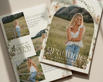 Boho Wildflower Graduation Invitation Template, Class of 2026, Photo Announcement (Digital Download)