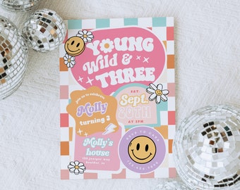 Editable Young Wild and THREE Checkered Smile Face Birthday invite, Groovy Retro Third birthday, emoji invitation, Girl 3rd Birthday 67