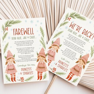 Può includere: Due biglietti di Natale con illustrazioni di elfi. Uno dice "Farewell" e l'altro "We're Back!". Entrambi i biglietti presentano testo e illustrazioni di elfi in abiti rosa, circondati da un bordo verde e rosso.
