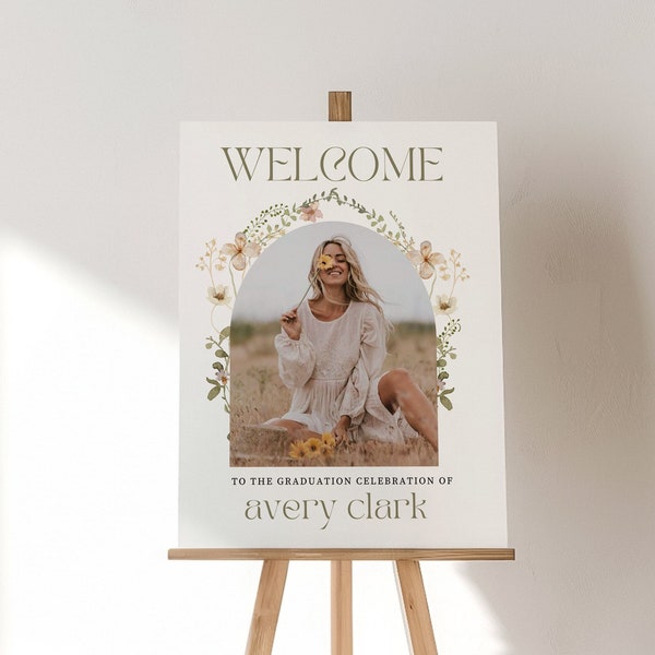 Minimalist Graduation Welcome Poster, Wildflower Graduation Party Welcome Sign Template, Boho Graduation Photo Welcome Sign 707