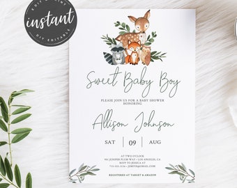 Editable Woodland Baby Shower invitation Woodland Boy Baby Shower Invitation Woodland Animals Boy Baby Shower invitation, template, 70