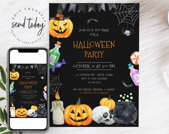 DIGITAL Halloween Party invitation, Halloween E Vite, Editable Template, Electronic Halloween Invitation, Kids Halloween invitation, Digital