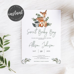 Editable Woodland Baby Shower invitation Woodland Boy Baby Shower Invitation Woodland Animals Boy Baby Shower invitation, template, 70