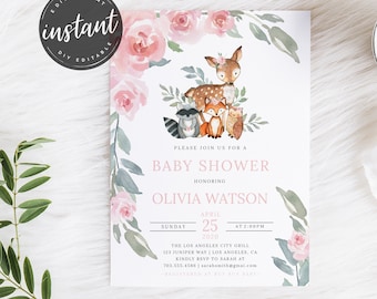 Puede incluir: Una invitación a un baby shower con un diseño floral de acuarela con rosas rosadas y hojas verdes. La invitación presenta una linda ilustración de un ciervo, un zorro, un mapache y un búho. El texto de la invitación dice: "Por favor, únase a nosotros para un baby shower en honor a Olivia Watson. Domingo, 25 de abril de 2020 a las 2:00 PM. The Los Angeles City Grill, 123 Juniper Way, Los Angeles, CA. Por favor, confirme su asistencia a Sarah al 703.555.4586 | sarahsmith@gmai.com. Registrado en Buy Buy Baby."