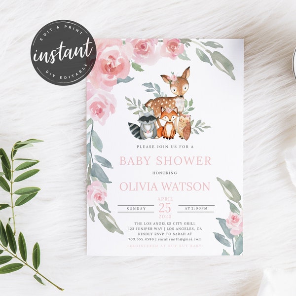 Baby Shower Invitation, Woodland Girl Baby Shower Invitation, Woodland Animals Baby Shower, Girl Baby Shower, baby shower template, 81