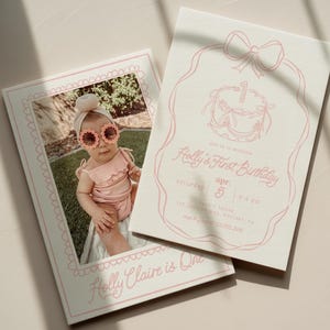 Plantilla de invitación para el primer cumpleaños de niña / Invitación Canva con lazo rosa y pastel / Editable, imprimible, 5x7 / Opción de reverso con foto o patrón 218