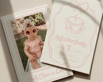 Girls First Birthday Invitation Template | Pink Bow & Cake Canva Invite | Editable 5x7 Printable | Photo or Pattern Backside Option 218