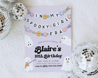 May include: Purple and white invitation with the text "In My Spooky Girl Era" and a ghost illustration. The invitation is for a 10th birthday party for someone named Blaire. The party is on Saturday, July 9th from 12-7pm at Blaire's house, 1987 Swiftie Road. RSVP to Jelly at 555.555.5555.