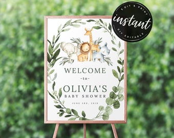 SAFARI Baby Shower Welcome Sign, Welcome sign, baby shower sign, Jungle Baby Shower, Greenery baby shower, Printable sign, AS-42