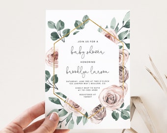 Baby Shower Invite, BOHO Rose Floral Baby Shower Invitation, baby shower,invitation template, digital download, printable, AI-50