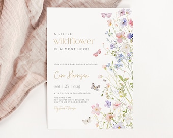 May include: A white baby shower invitation with a watercolor illustration of wildflowers and butterflies. The text reads "A Little Wildflower is Almost Here!" and includes the name "Cara Harrison", the date "Sat 25 Aug", and the time "At 2 o'clock in the afternoon".