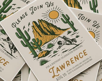 Cowboy Birthday Invitation, Men's Birthday Invite, Vintage Cowboy, Wild West Celebration, 40th Bday, 50th Bday, 5x7 Canva Template, 250