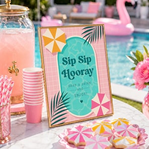 Retro poolpartyskyltar för tjejer, rosa födelsedagsskyltar vid poolen, redigerbara canvasskyltar för poolregler, snacks och dryck, 8x10 264