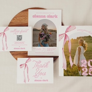 Mädchen-Abschluss-Ankündigungs-Bündel Canva-Schablonen-Rosa- Bogen- graduierte Party-Einladung Graduierung College-Fonds QR-Karte Graduierung Danke