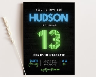 Neon Light Brick Wall Boy Birthday Invitation, Teenager Boy Birthday Invites, Instant Download Editable Canva Template