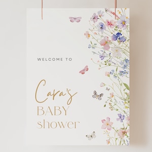 Butterfly Wildflower Baby Shower Welcome Sign, Boho Wildflowers, Girl Baby Shower Welcome, Editable Baby Shower Sign Template 57