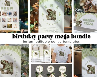 Dinosaur First Birthday Party Mega Bundle, Dino First Birthday Decor, Editable Dinosaur Party Decor, Canva First Birthday Templates 31