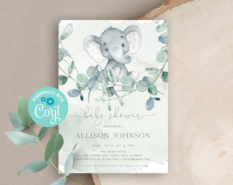 Elephant Baby Shower Invitation, Editable Baby Shower Invite, Elephant Greenery Baby Shower, Boy Baby baby shower, Editable Template, 133