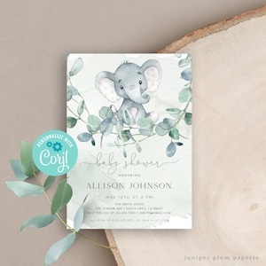 Elephant Baby Shower Invitation, Editable Baby Shower Invite, Elephant Greenery Baby Shower, Boy Baby baby shower, Editable Template, 133